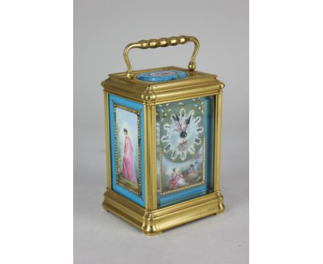 A 19th century French brass cased carriage clock, with Sevres style porcelain panels decorated with figures and flower sprays