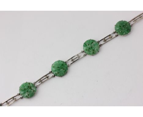 A white gold and jade bracelet carved and pierced with five hardstone panels (a/f)