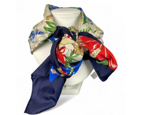 A group of three vintage silk square scarves, Mulberry, Gucci and Longchamp
The Mulberry scarf with maritime scenes, 87cm x 8