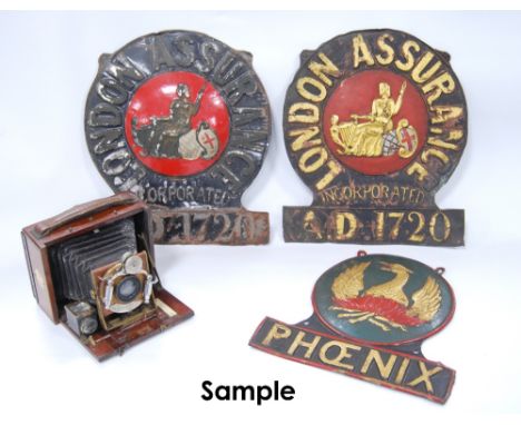 Collection of various insurance plaques and a Lizars Challenge camera.