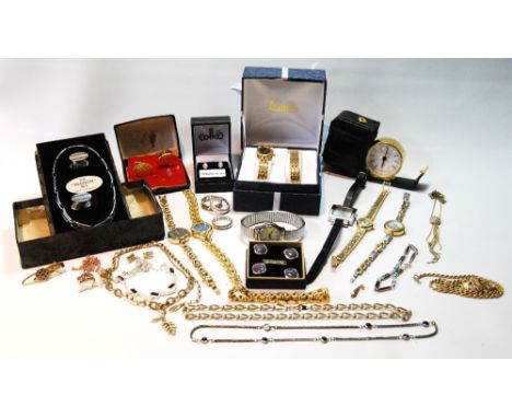 Seven fashion watches and a quantity of costume jewellery and other items.