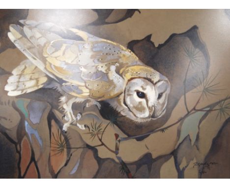 RALSTON GUDGEON RSW (1910 - 1984)Barn owlWatercolour, 38cm x 50cm.   ARRLabel verso: T & R Annan & Sons, 518 Sauchiehall Stre