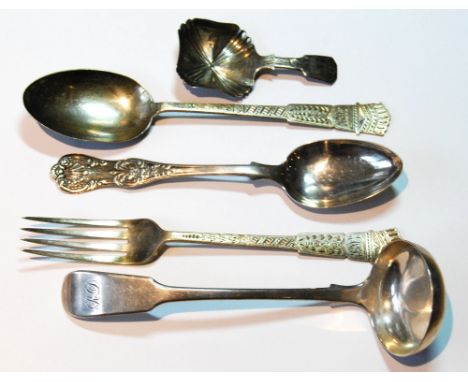 Silver caddy spoon with square bowl, by Taylor and Perry, Birmingham 1835, a toddy ladle, 1838, a spoon and fork, 1889, and a