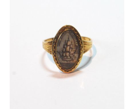 Georgian memorial ring of navette shape with miniature of a battleship in full sail with the inscription, 'MEI PATRIE MEMORIA