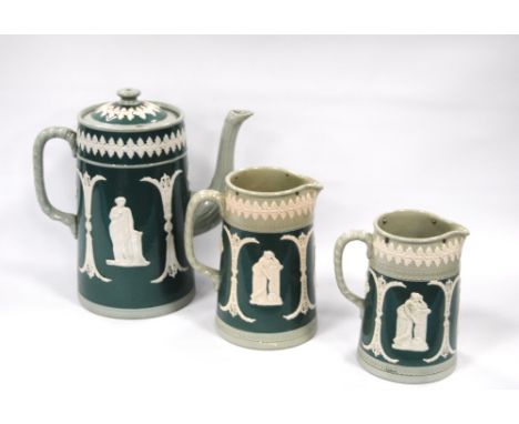 Dudson Pottery 'Muses and Divisions' pattern coffee pot and two milk jugs in 'Two Greens' colouring.   (3)