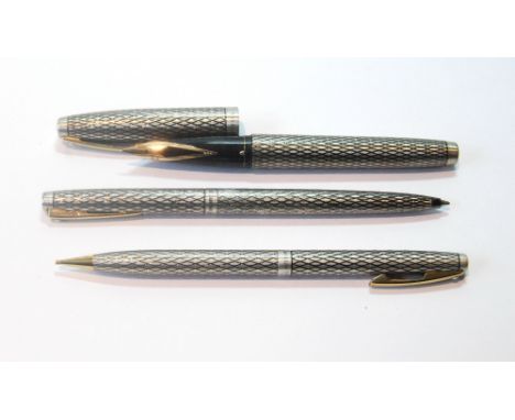 Sheaffer silver fountain pen with matching ballpoint and pencil, Import Marks, cased.