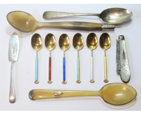 Set of six Norwegian silver gilt and enamel coffee spoons, two horn spoons, another, silver, a similar butter knife and a fru