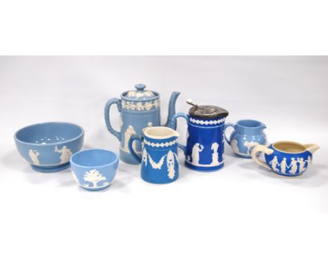 Six pieces of Dudson Pottery blue Jasper ware and pottery in 'Muses', 'Sacrifices', 'Figures' and 'Festoon' patterns, also a 