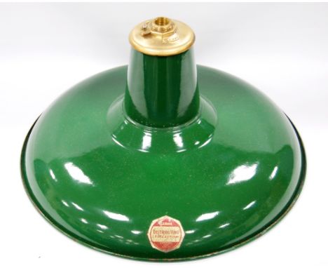 Pair of mid 20th century green and cream enamelled ceiling lights by Benjamin, with ceramic fittings and labels, formerly fro