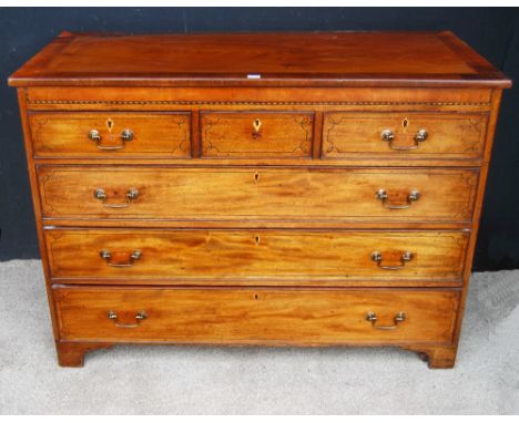 19th century mahogany chest, the crossbanded rectangular top over inlaid frieze, three short and three graduated long drawers