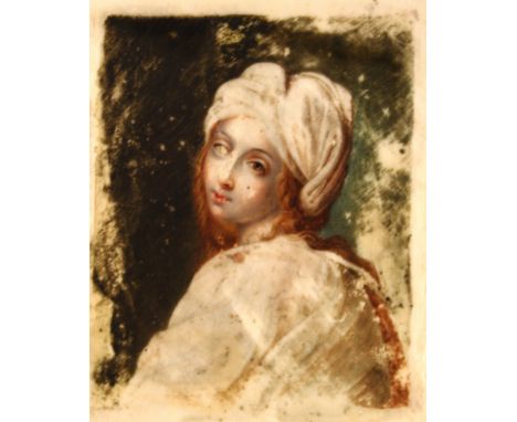 Portrait miniature of a lady in a head scarf with flowing golden hair, on ivory, possibly continental, 12cm x 10cm.