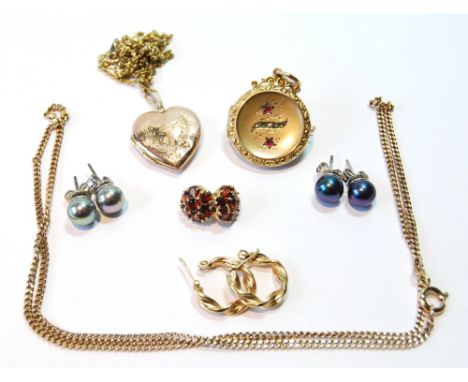 9ct gold locket, another, back and front, two necklets, two pairs of pearl stud earrings and two others.