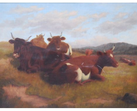 JOHN CRANE (1850 - 1915)Cattle restingSigned lower left and dated 1898, oil on canvas laid on board, 34cm x 46cm.   Condition
