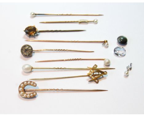 Two gold and pearl scarf pins, another five, each with single pearl, and other similar items in morocco box.