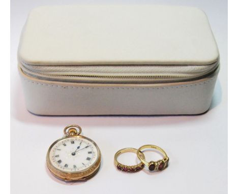 Geneva cylinder watch in 9ct gold case, 1912, a similar gem ring, another, and a jewel case.   (4)