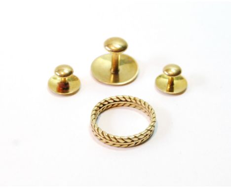 Three 18ct gold studs and a similar ring, '18ct', 7g.