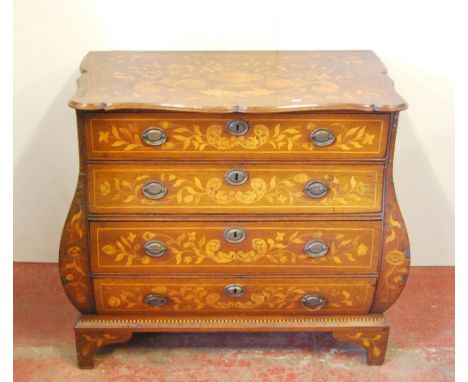 19th century Dutch marquetry bombé commode, the moulded serpentine top over four graduated long drawers, raised on bracket fe