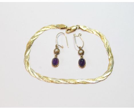 Gold twin strand bracelet, '750', and a pair of amethyst and pearl earrings, 9ct gold, 4.5g.