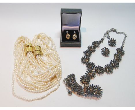 Pair of diamond drop earrings, '375', a pearl necklace and a suite of costume jewellery.