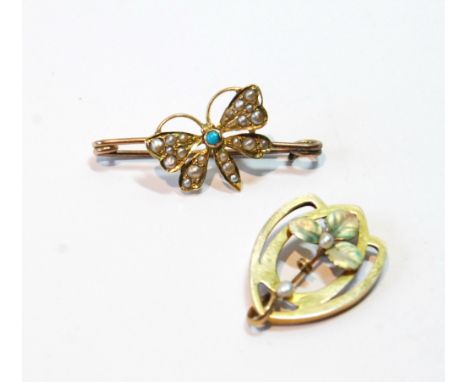 Gold pendant with pearls and enamel flowerhead, '375', and another, a butterfly upon a pin.   (2) Condition Report Pendant is