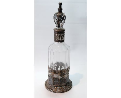 Dutch cut glass schnapps decanter with silver pierced and embossed stopper, mount and sleeve, apparently unmarked, c. 1900, 2