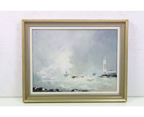 Godwin, seascape with lighthouse, oil on board, signed upper left, with artist's monogram below, 29.5 x 40cm, framed 