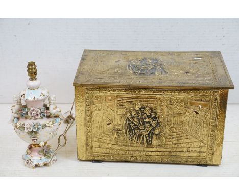 Embossed brass box, decorated to lid &amp; front with an interior family scene, approx 52cm W x 32cm H; plus a Continental po