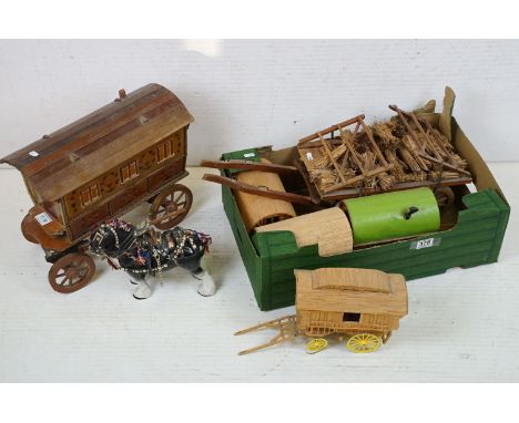 Group of five wooden Romany style caravans / wagons to include three matchstick examples, largest measures approx 40cm long, 