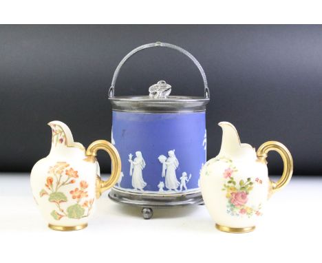 19th Century Wedgwood Jasperware cobalt blue biscuit barrel with classical decoration &amp; silver plated mounts, the matched