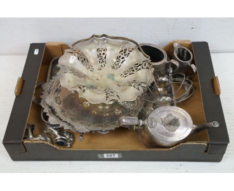 Collection of silver plate to include a pierced footed dish with swing handle (28.5cm diameter), three-piece tea set (teapot,