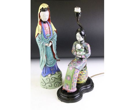 Chinese Famille Jaune table lamp in the form of a mother &amp; baby, with enamel decoration; together with a Chinese Guan Yin