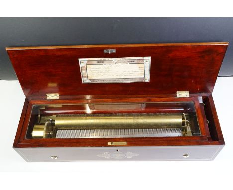 Ducommun Girod 19th century five-air Swiss music box, with 16" brass cylinder and two-piece comb housed below a window, card 