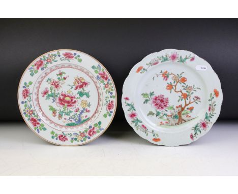 Two 18th century Chinese Famille Rose celadon glazed plates, both with enamel floral decoration, approx 23.5cm diameter 