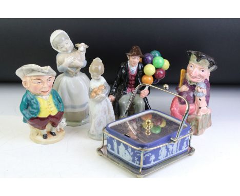 Group of mixed ceramics to include Royal Doulton 'The Balloon Man' (HN1954), Wedgwood Jasperware butter dish on silver plated