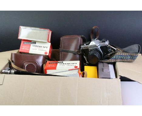 Assorted cameras and collectables to include Pentax K1000 film camera, Paxette Prontor-svs camera, slide changer magazines, P