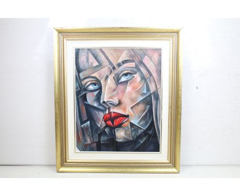 Studio Framed Cubist Oil Painting Portrait of a Beautiful Young Woman, 59.5cm x 49cm 