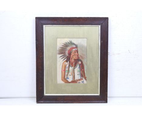 Oil Painting Portrait of a Native American Indian Chief, 28.5cm x 18.5cm, framed and glazed 