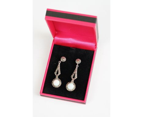 Pair of Silver Marcasite and Opal Panelled Drop Earrings 