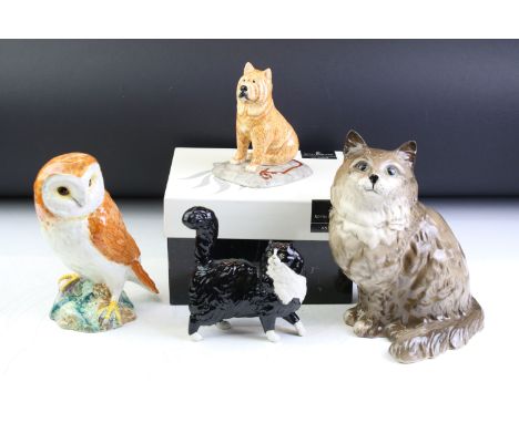 Ceramic animals to include Royal Doulton Chow Chow (boxed), Beswick cat, Beswick owl and a Royal Doulton black and white cat.