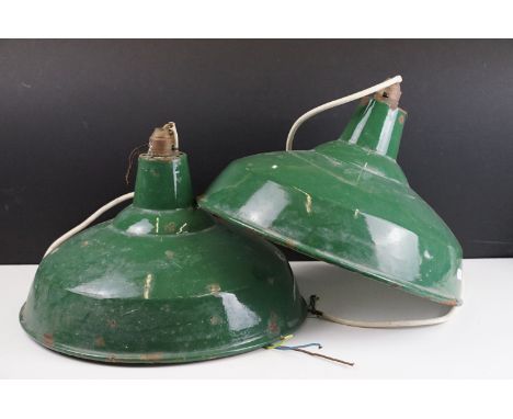Pair of retro green enamel industrial ceiling lights, approx 35cm diameter 