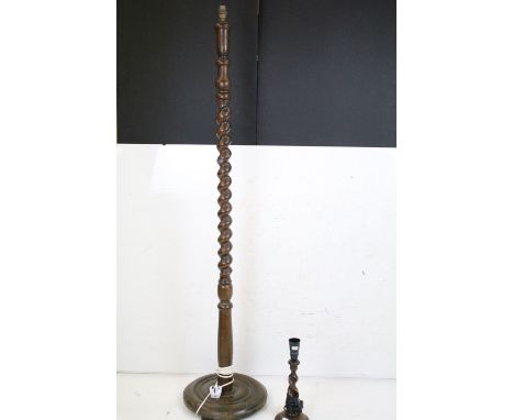 Early to Mid 20th century Oak Barley-twist Standard Lamp Base, 155cm high together with a similar Table Lamp 