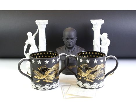 Two Wedgwood Jasperware 1776-1976 Bicentennial of American Independence Ltd Edn Loving Mugs in black &amp; white jasper (13cm