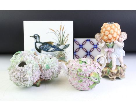 Continental porcelain floral encrusted teapot &amp; cover, together with a Continental floral encrusted tri-form vase, porcel