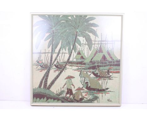 Thai screen print depicting stilted houses, boats &amp; palm trees, approx 90cm x 90cm, framed &amp; glazed 