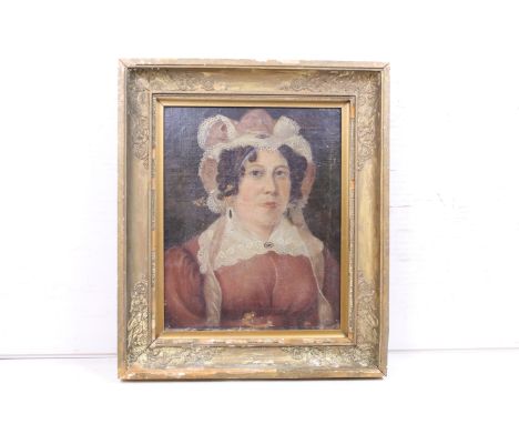 19th century Ornate Gilt Framed Painting Portrait of a Lady in lace bonnet and collar, 41.5cm x 33cm 