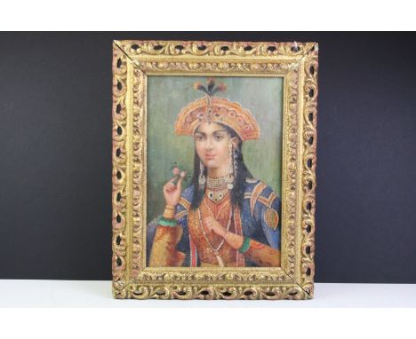Pierced Gilt Framed Oil Painting Portrait of a Mughal Princess, 26.5cm x 18.5cm