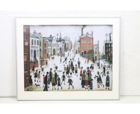 After L S Lowry, a gallery framed print titled ' A Village Square ', label on verso, 45cm x 59.5cm, framed and glazed 