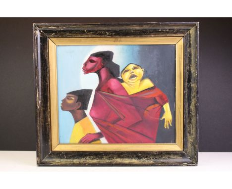 Oil on Board, a Renaissance Art Portrait of a mother with children, 27cm x 32cm, framed 