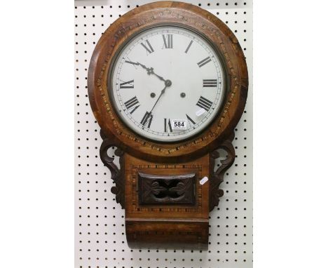 Victorian Walnut Inlaid Drop Dial Wall 8 day Clock with large circular white enamel dial having Roman numerals, 72cm high 