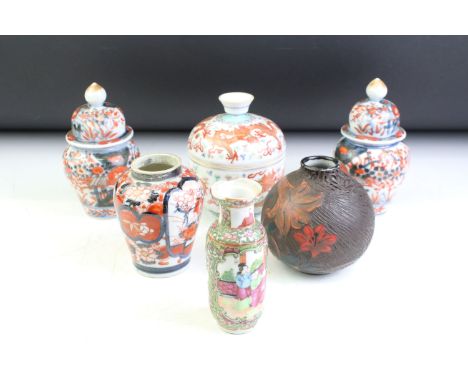 Six Chinese porcelain vases / jars, to include a pair of Imari vases &amp; covers (13.5cm high), Famille Rose Cantonese balus